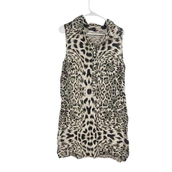 Lungo L'arno Shirt Dress Linen Cheetah Leoaprd Print Sleeveless Button Front M - Picture 1 of 5